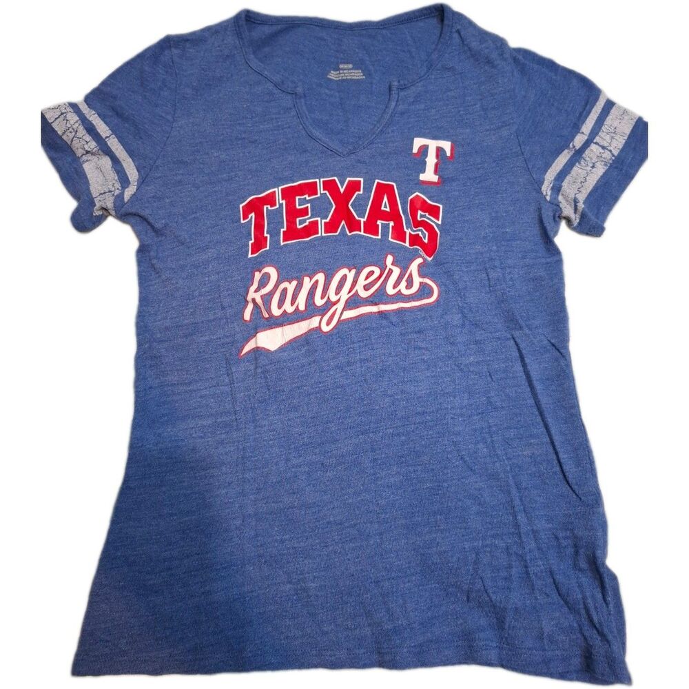 Texas Rangers Women’s T-Shirt Size M Blue V-Neck Distressed MLB Baseball